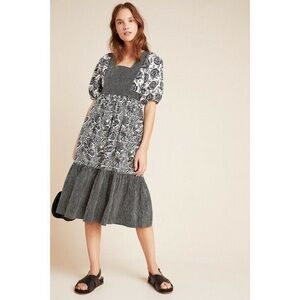 Anthropologie Blooming Print Adrienne Flounced Midi Dress Black Size: 8